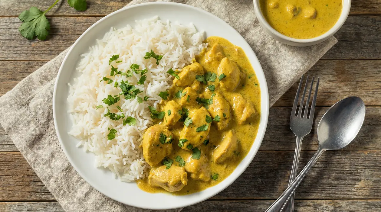 Piatto di riso basmati con pollo al curry guarnito con prezzemolo su tavola rustica