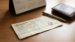 Assegno bancario su un tavolo accanto a un portafoglio, una penna e un calendario