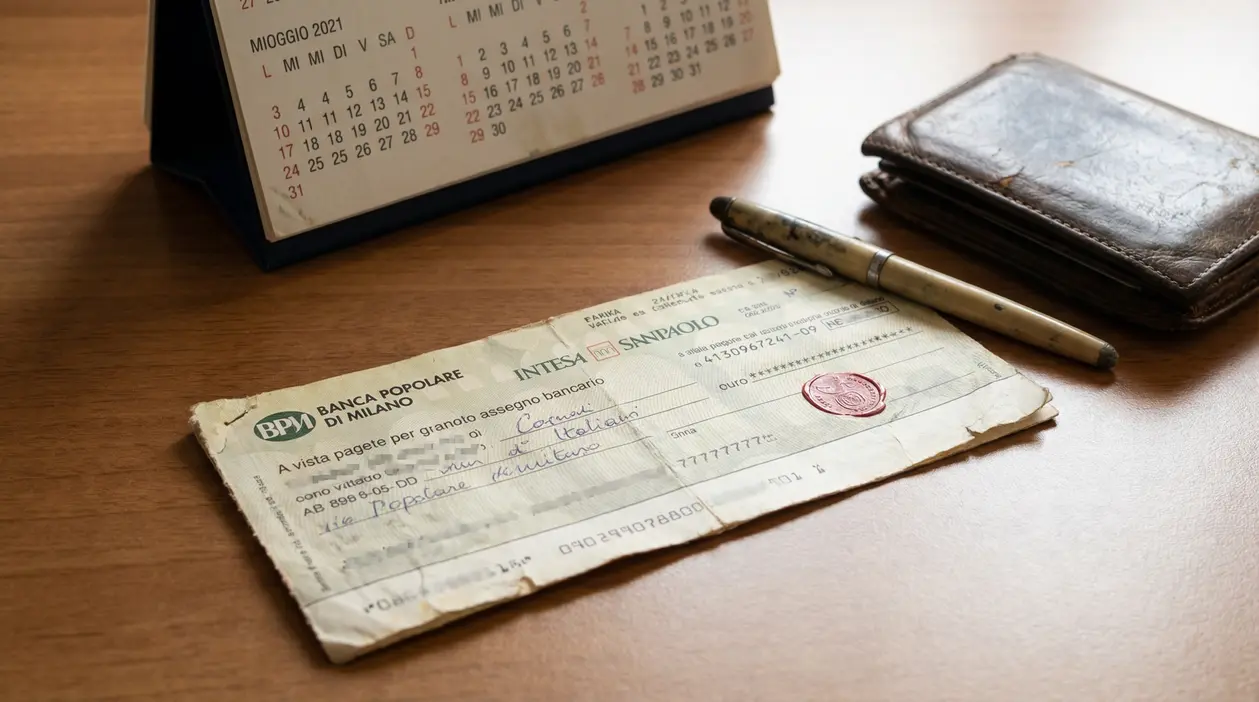 Assegno bancario su un tavolo accanto a un portafoglio, una penna e un calendario