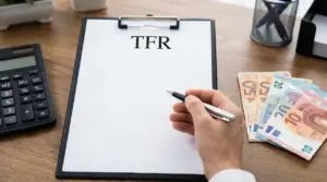 Mano con penna accanto a foglio con scritto TFR, calcolatrice e banconote in euro