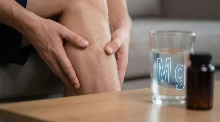 Persona che massaggia un polpaccio con un bicchiere d'acqua e una bottiglietta sul tavolo