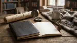 Oggetti astrologici su un tavolo di legno, con taccuino, mappa zodiacale, bussola e tazza di caffè