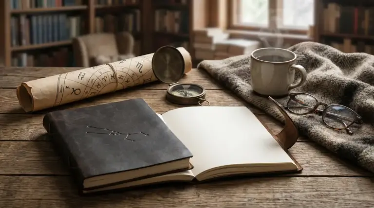 Oggetti astrologici su un tavolo di legno, con taccuino, mappa zodiacale, bussola e tazza di caffè