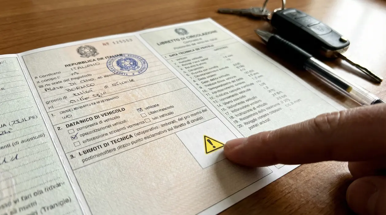 Dito indica un simbolo di avviso sul libretto di circolazione italiano accanto a chiavi e penna