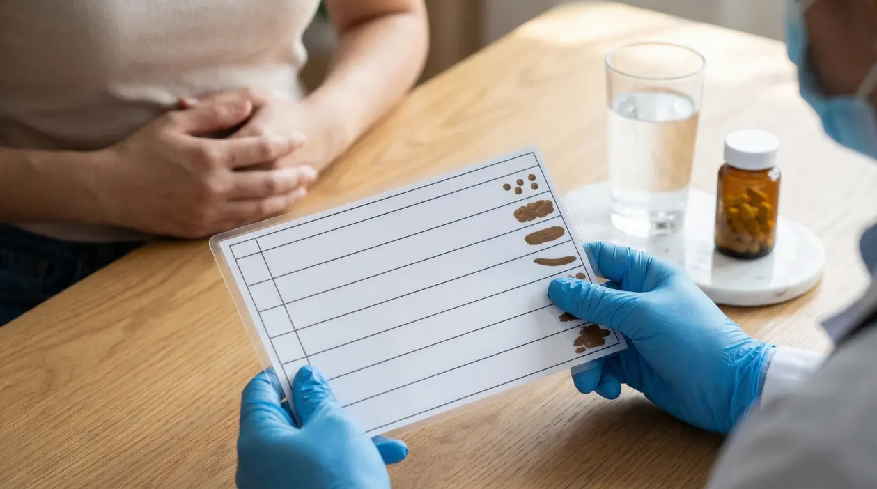 Medico mostra a una persona una tabella con diversi tipi di feci durante una consultazione.