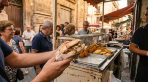 Banco di street food a Palermo con arancine, panelle e panini tipici