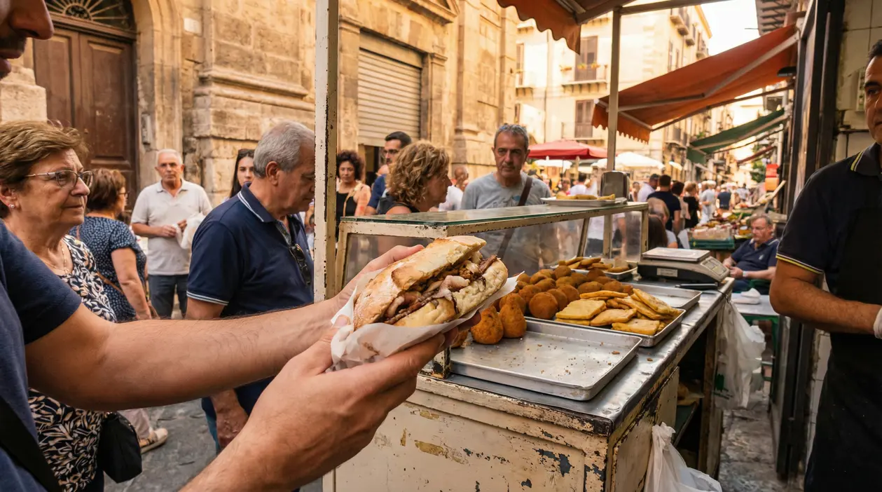 Banco di street food a Palermo con arancine, panelle e panini tipici