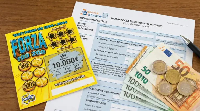 Gratta e vinci da 10.000 euro accanto a soldi in contanti e modulo dell'Agenzia delle Entrate