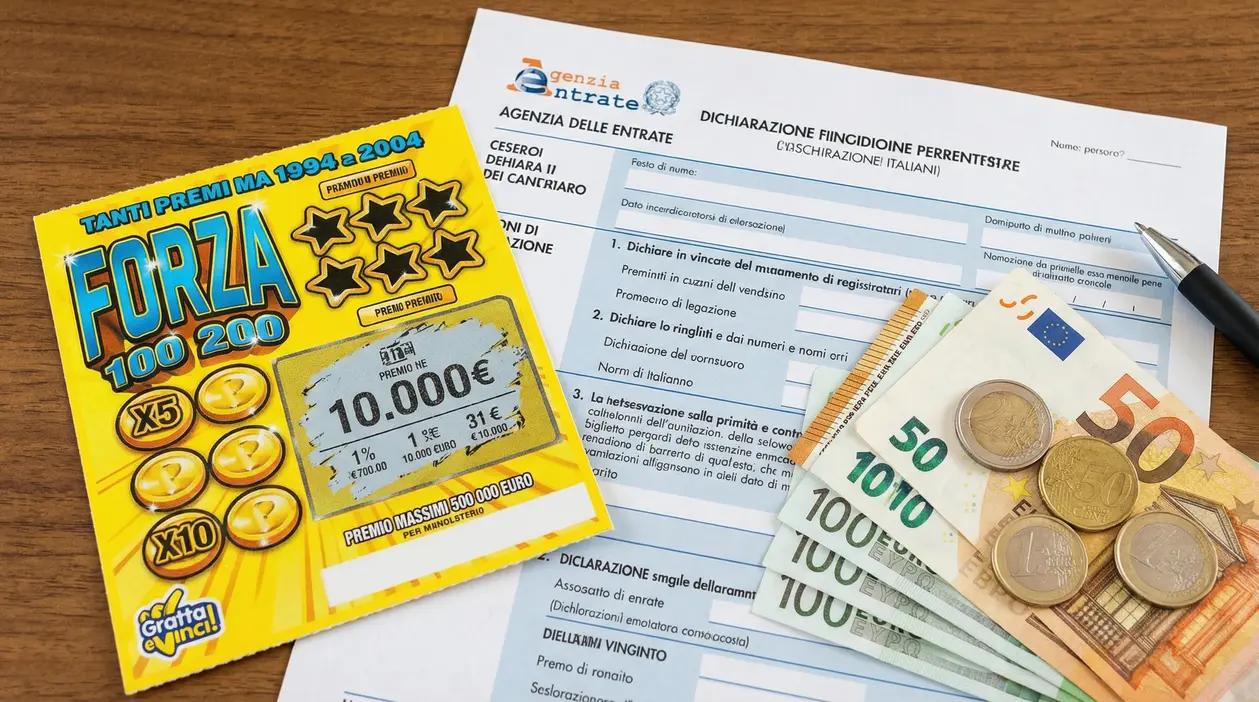 Gratta e vinci da 10.000 euro accanto a soldi in contanti e modulo dell'Agenzia delle Entrate