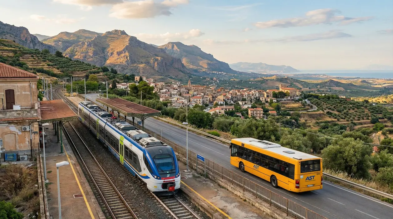 Stazione ferroviaria siciliana con un treno regionale e un autobus AST, sullo sfondo un borgo tra le colline.