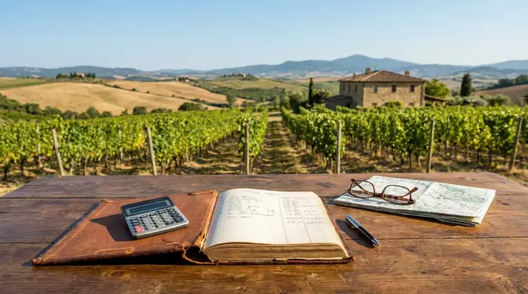 Taccuino con calcolatrice e mappa su un tavolo in legno davanti a un vigneto in campagna