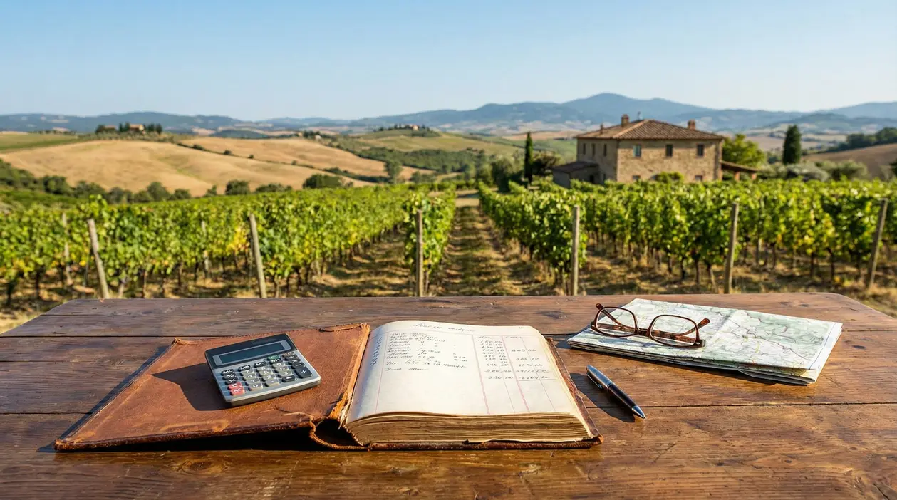 Taccuino con calcolatrice e mappa su un tavolo in legno davanti a un vigneto in campagna
