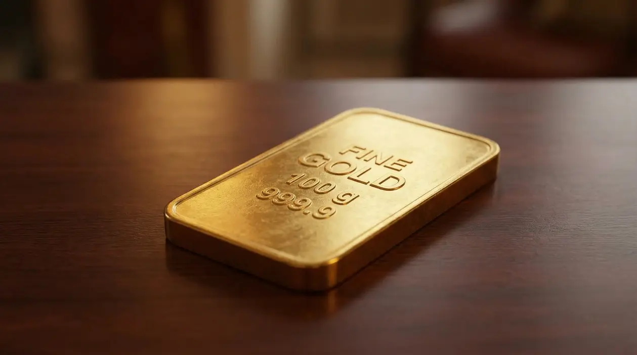 Lingotto d'oro da 100 grammi appoggiato su una superficie in legno.