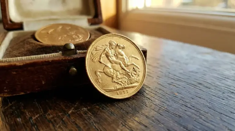 Sterlina d'oro del 1977 appoggiata su una scatola in legno e velluto