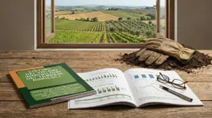 Documenti e grafici sui valori dei terreni agricoli poggiati su un tavolo con vista su campi coltivati
