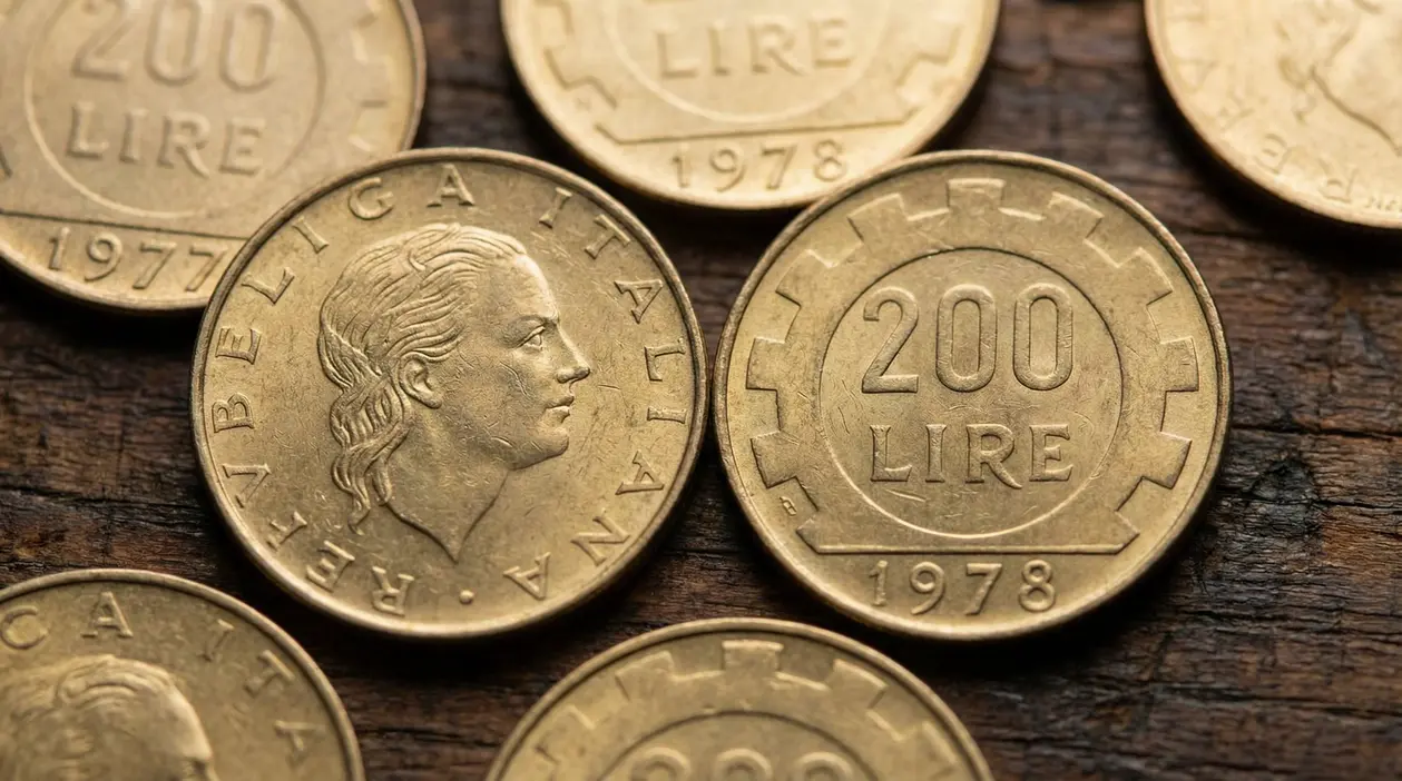 Vecchie monete italiane da 200 lire su superficie in legno