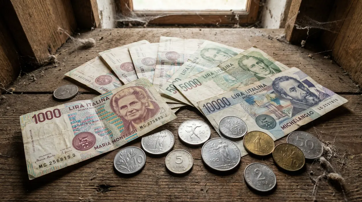 Vecchie banconote e monete in lire italiane su un vecchio tavolo polveroso in legno