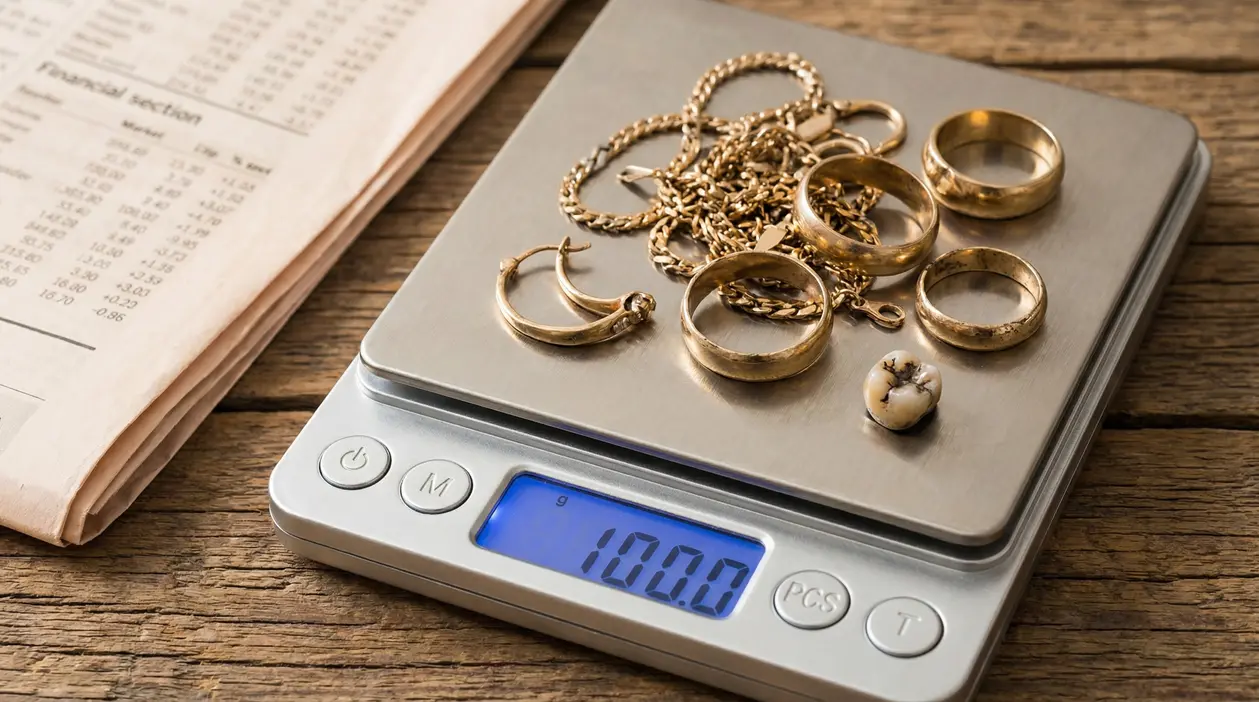 Gioielli in oro usato su bilancia elettronica che segna 100 grammi