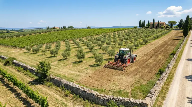 Trattore che lavora un terreno agricolo tra uliveti e vigneti in campagna