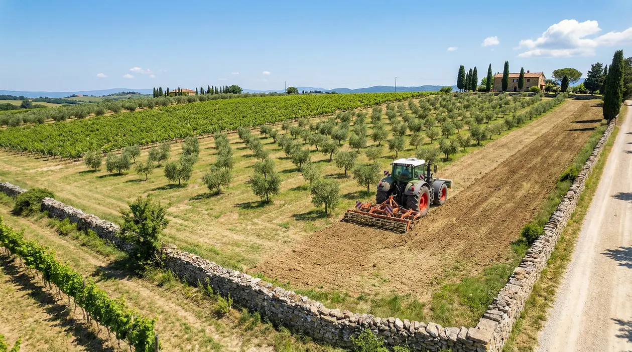 Trattore che lavora un terreno agricolo tra uliveti e vigneti in campagna