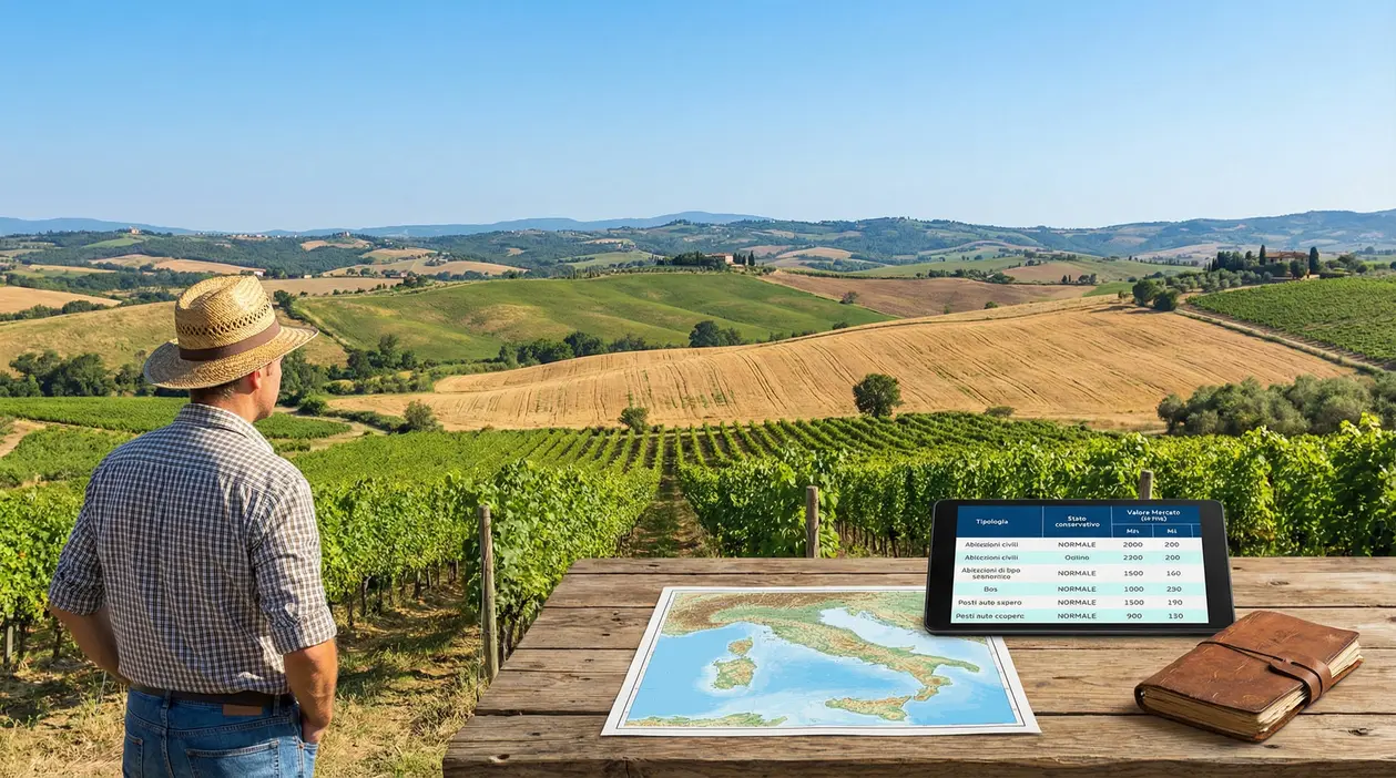 Persona in un campo agricolo osserva vigneti e colline con una mappa e un tablet su un tavolo
