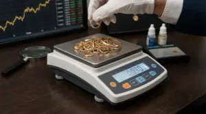 Bilancia digitale che pesa gioielli in oro su un tavolo con strumenti da valutazione