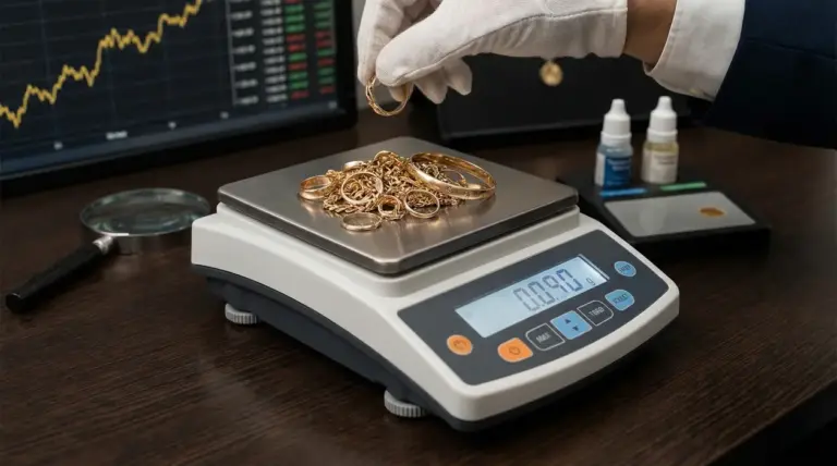 Bilancia digitale che pesa gioielli in oro su un tavolo con strumenti da valutazione
