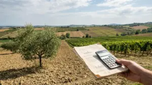 Mano tiene documenti e calcolatrice davanti a un terreno agricolo collinare
