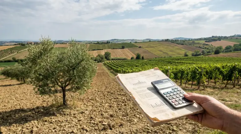 Mano tiene documenti e calcolatrice davanti a un terreno agricolo collinare