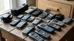 Vecchi telefoni cellulari disposti su un tavolo in legno