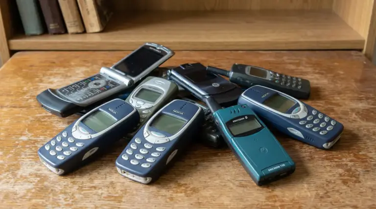 Vecchi modelli di telefoni cellulari disposti su un tavolo di legno.