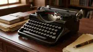 Macchina da scrivere vintage nera su una scrivania in legno con libri e fogli
