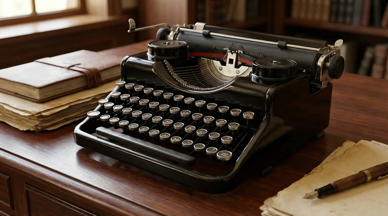 Macchina da scrivere vintage nera su una scrivania in legno con libri e fogli