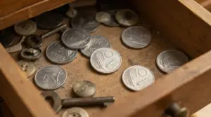 Vecchie monete italiane da 10 lire con la spiga in un cassetto di legno