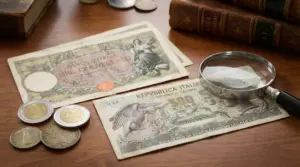 Vecchie banconote e monete da 500 lire italiane su un tavolo con lente d'ingrandimento