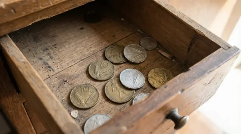 Vecchie monete italiane da 2 e 10 lire in un cassetto di legno aperto