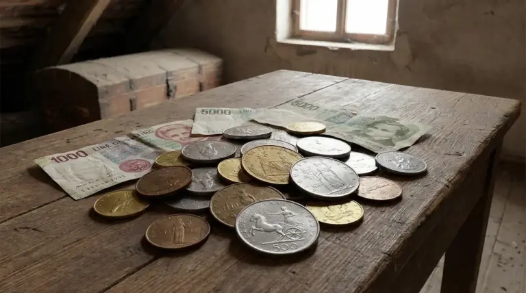 Vecchie banconote e monete in lire italiane su un tavolo di legno in soffitta.