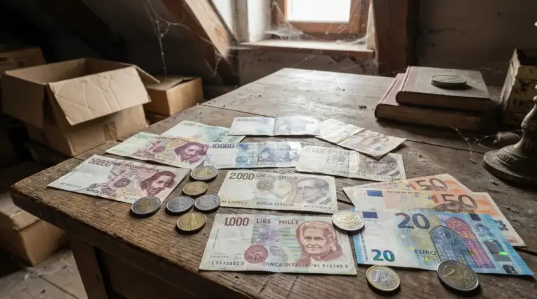 Vecchie banconote e monete italiane sparse su un tavolo di legno in una soffitta polverosa
