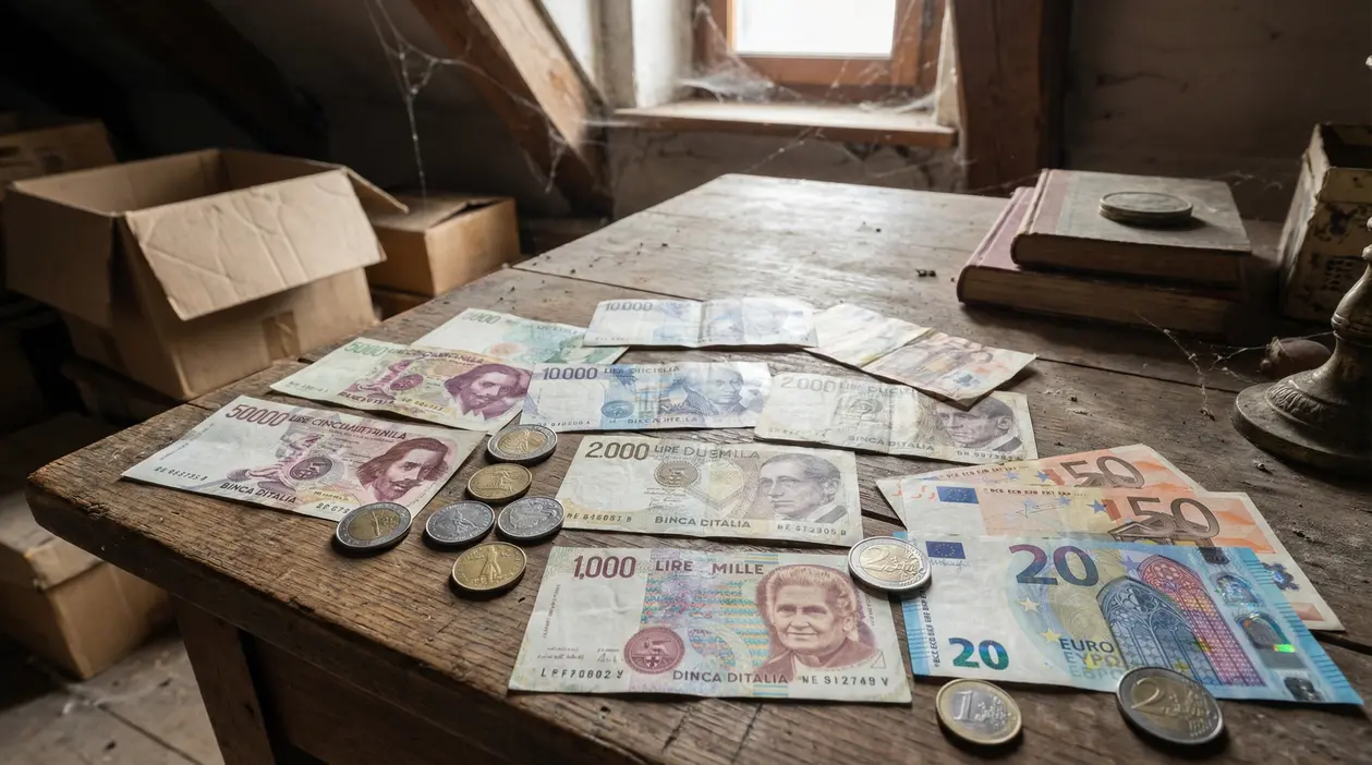Vecchie banconote e monete italiane sparse su un tavolo di legno in una soffitta polverosa