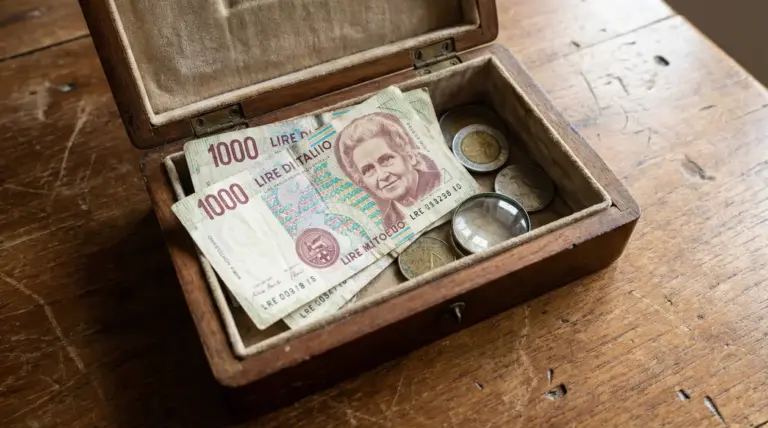 Vecchie banconote da mille lire con Maria Montessori in una scatola di legno