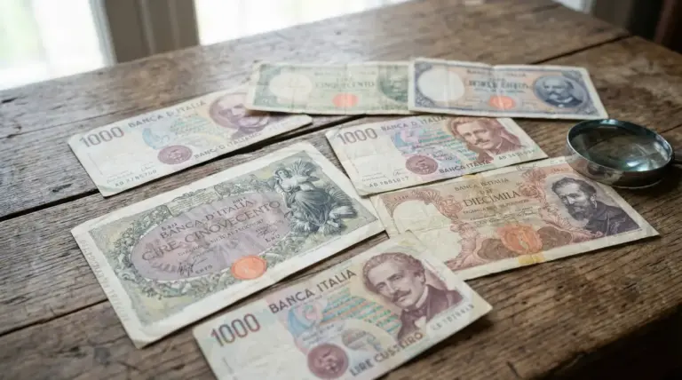 Vecchie banconote italiane in lire disposte su un tavolo di legno con lente d’ingrandimento