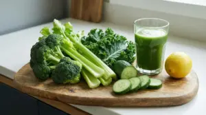 Verdure fresche e succo verde su un tagliere in cucina