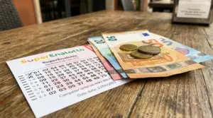 Schedina del SuperEnalotto e banconote euro su un tavolo di legno