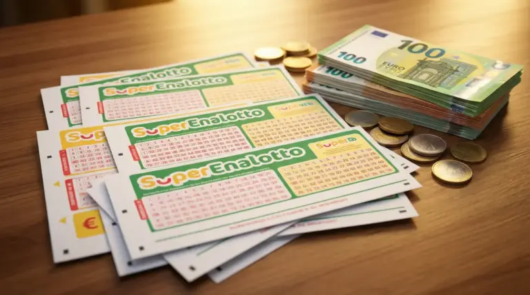 Schedine del Superenalotto su un tavolo accanto a banconote e monete in euro