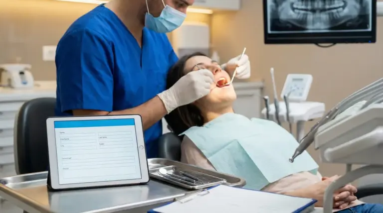 Dentista che visita una paziente su poltrona odontoiatrica in uno studio moderno